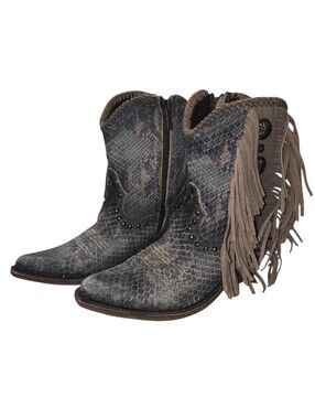 Liberty Black Western Python Verde Fringe Ankle Boots 8 Ankle Zip Leather Studs